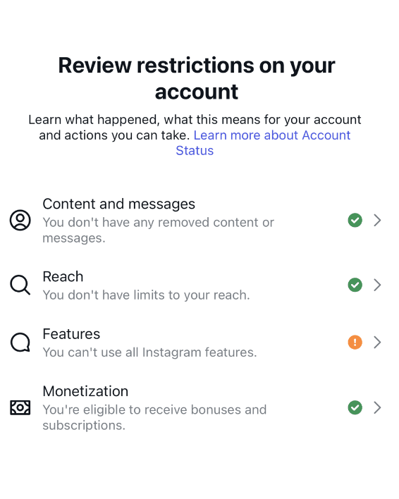 Instagram Account Status with Features restricted